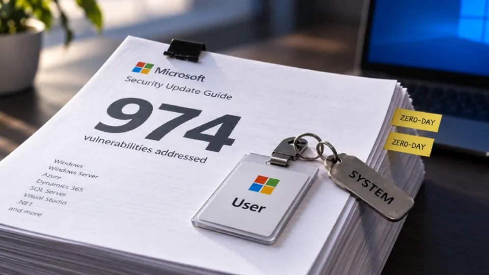 A Microsoft Security Update Guide highlights 974 addressed vulnerabilities alongside physical representations of system access and zero-day threats.