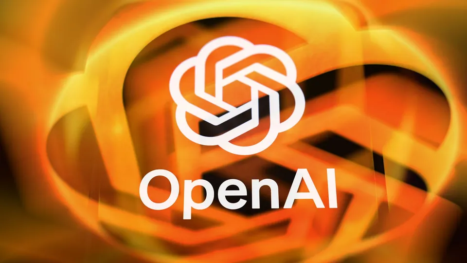 The OpenAI logo is displayed over a dramatic orange background, highlighting recent organizational challenges.