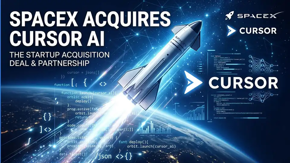 A conceptual graphic representing the strategic acquisition and integration of Cursor AI by SpaceX.